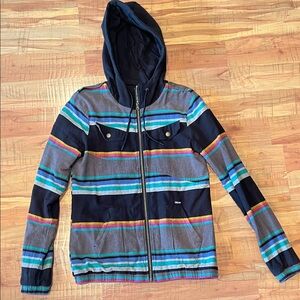 Volcom Black Zip Hoodie with Teal & Blue Stripe Lining